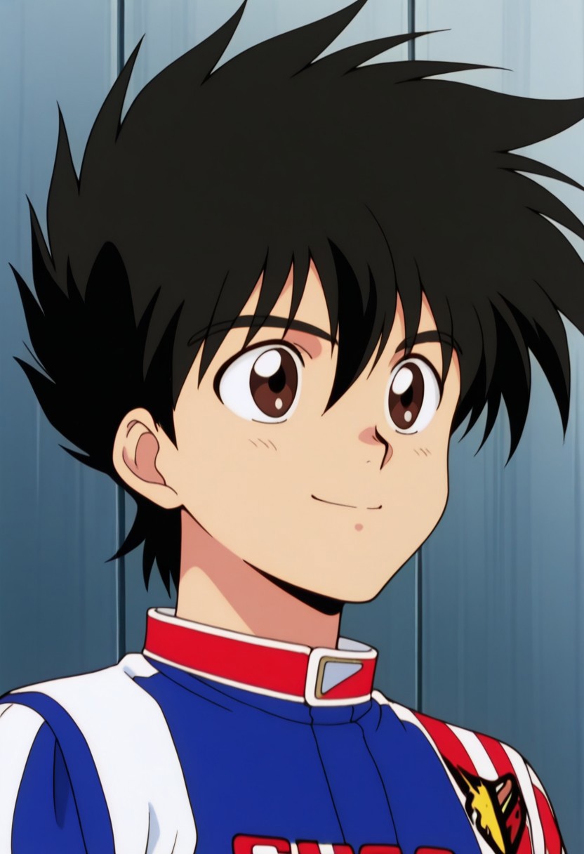 masterpiece,best quality,amazing quality, source_anime,
hayatokazami, 1boy, male focus, solo, brown eyes, black hair, racing suit, jumpsuit, blue jumpsuit, multicolored jumpsuit, smile, portrait,