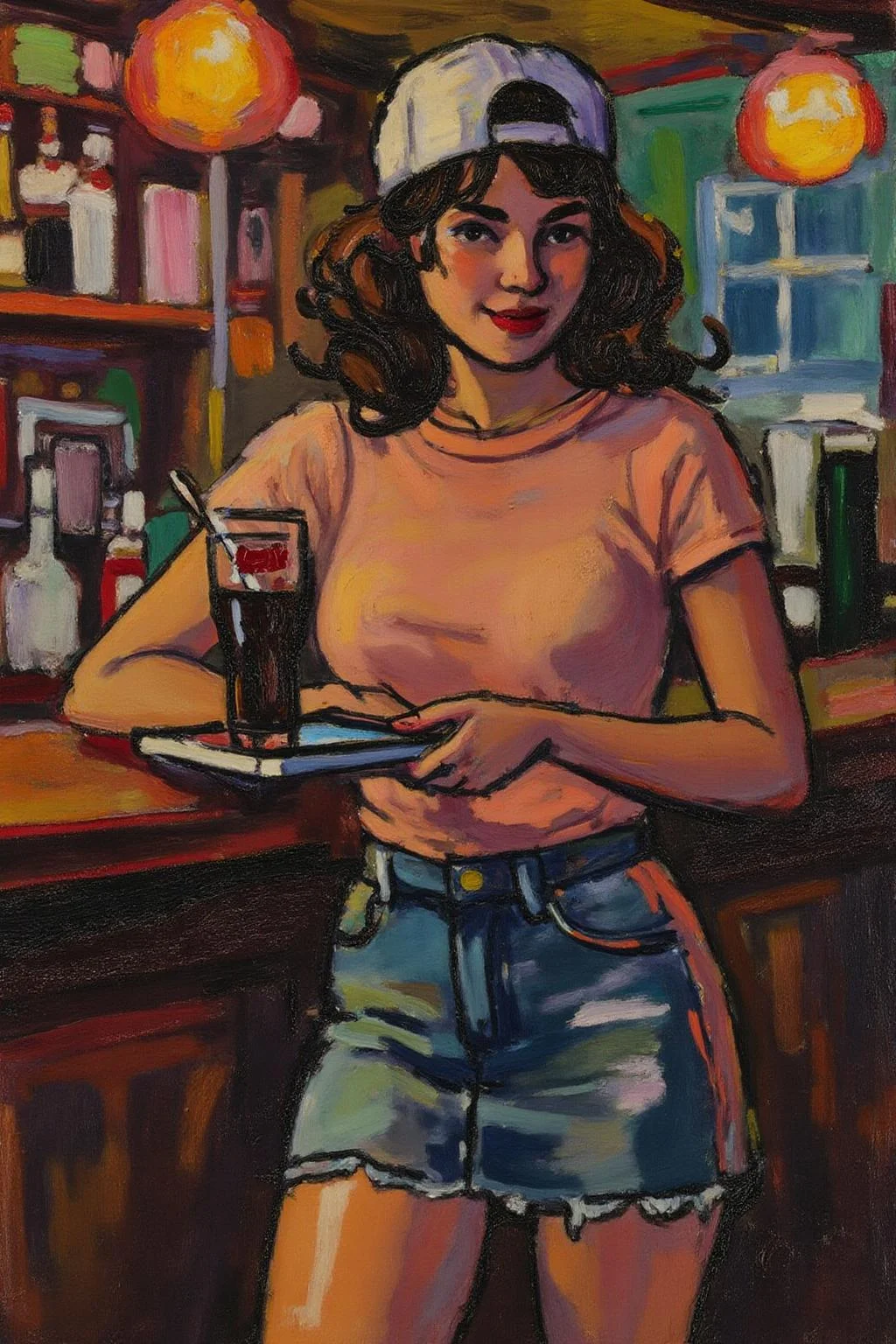 henrylymansayen1 painting.
The air buzzes with the energy of a busy bar, a mix of music, conversation, and the clinking of glasses. A barmaid, the embodiment of youthful vibrancy, navigates the lively scene. She wears a peach-coloured T-shirt, the soft fabric contrasting with the smooth, cold glass of coke she carries on a small tablet. Her short skirt adds a playful touch, and a backwards baseball cap hints at a carefree attitude. The setting and atmosphere are palpable: the warm, slightly sticky surface of the bar counter under her fingertips, the dim, colourful lighting that casts playful shadows. Sensory details are abundant: the condensation forming on the glass of coke, the texture of her denim skirt, and the way the bar lights catch the highlights in her hair. Her confident stride, her quick smile, and her efficient movements. Stylistically, the image draws inspiration from the vibrant, candid shots of nightlife photographers, with a touch of the stylized realism found in contemporary illustration. There's a deliberate contrast between the barmaid's youthful energy and the slightly worn, lived-in atmosphere of the bar, creating a dynamic and engaging image.
<lora:henrylymansayen1_cap_d6a3:1.0><lora:861473476664367797:0>