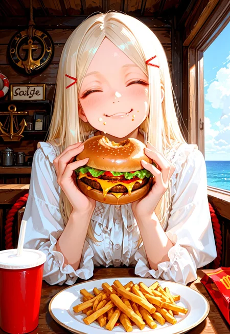 score_9,(masterpiece, best quality, dynamic angle),2.5d,1girl,18yo,closed eyes,light blonde hair,straight hair,parted bangs,thin white colored hair pins,from below,
BREAK
wearing white blouse,
smiling, eating hamburger, a few of sauce on cheek, hamburger with bite marks, half-wrapped in brown paper, holding the wrapped part, sitting in a seaside café, nautical decorations, model ships, red and white lifebuoy, ropes, bright atmosphere, port town setting, detailed background, plate full of French fries, fries piled high on the plate,