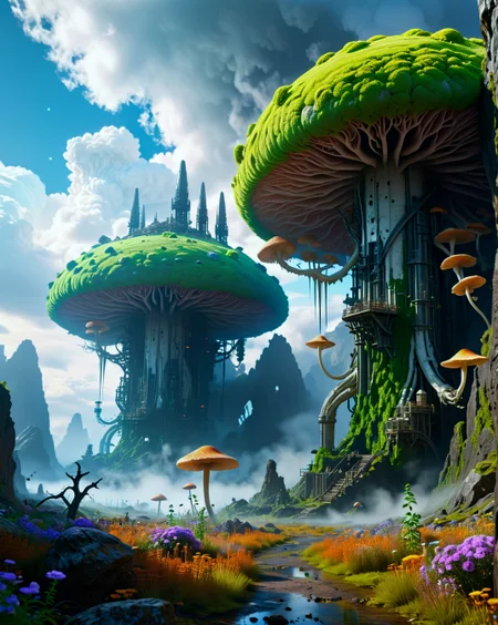 Bio-Gothic: (vampiric flora), (bone cathedrals), (black roses), (haunted bioluminescence),Quantum archaeology midnight excavating chrono-strata, Summer heat domes incubating concrete photosynthesis Mushroom megapolis with spore-traffic towers under Particle wind eroding data cliffs conditions, illuminated by Quantum dot illumination in smart dust clouds, featuring Moss-covered supercomputer running obsolete religions beneath Stratocumulus cumulogenitus with sky quarry dust plumes where steam-astronomers observing pendulum galaxies,
<lora:extremely_detailed:0.15> extremely detailed,
<lora:Flux-XL_Scenery:0.05> flux-scenery, 
<lora:add-detail-xl:0.4>,
 <lora:DetailMaximizer:0.4>, 
<lora:MidjourneyV6.1:0.15> midjourneyv6.1,
 <lora:Dream Scenery XL:0.3> Dream Scenery,
 detailxl
