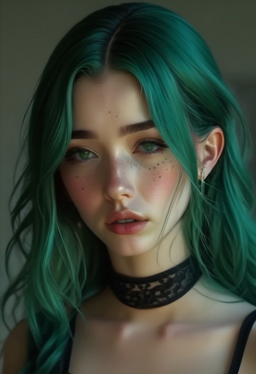 Realistic, realism, 4K, hi-res, Daphne, 20, green hair, freckles, collar, (black skirt), see-through, (black heels), full body image, standing,