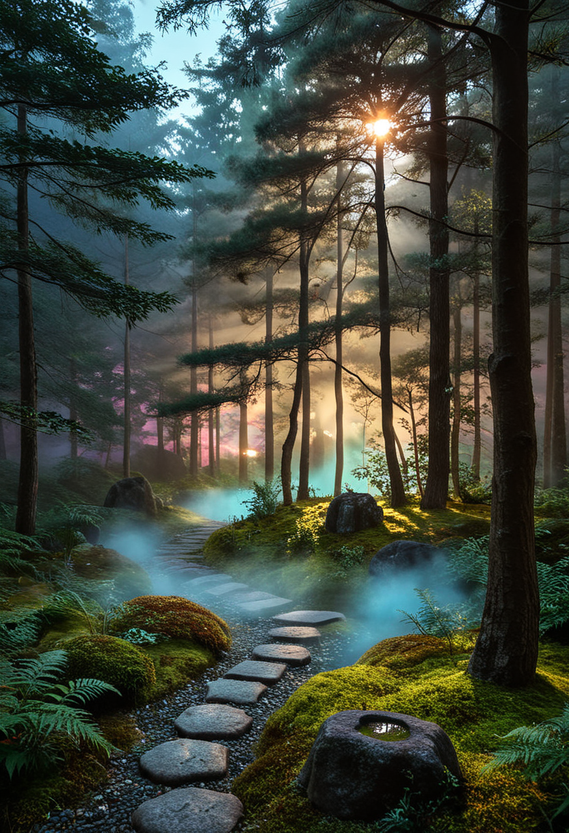 d577:0.25, A realistic Japanese courtyard garden with moss-covered mounds,natural stones and neatly arranged stepping stones forming a winding path, wabi-sabi aesthetics, spatial layering, and material harmony, a path through a forest filled with lots of green plants and trees with a bright sun shining through the trees in the background, trees and water and foggy forest ' s edge and mountain range is in background in foreground in forescape, cinematic lighting, glossy paper, iso150, 35mm, score_9, score_8_up, score_7_up, intricate details, Hyperrealism style, 3d, concept-art, dreaminess, psychedelic, shallow-depth-of-field, cinematic lighting, soft bokeh, very beautiful composition, Unreal, real-time 3D, Epic Games style, Unreal Engine style, 3d-rendering, vibrant contrast depth and shadow enhanced using (Gaussian blur) for a soft background focus, (sharpen filter) applied, (color grading) to enhance contrast between warm and cool tones, (noise reduction) for a smooth, clean finish, (HDR toning) used for extra depth and detail, highly detailed dreamy background detailed skin texture, subsurface scattering award-winning, professional, highly detailed . dreamlike, mysterious, provocative, symbolic, intricate, detailed, hyper-detailed, masterpiece, award winning, midjourneyv6.1