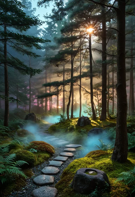 d577:0.25, A realistic Japanese courtyard garden with moss-covered mounds,natural stones and neatly arranged stepping stones forming a winding path, wabi-sabi aesthetics, spatial layering, and material harmony, a path through a forest filled with lots of green plants and trees with a bright sun shining through the trees in the background, trees and water and foggy forest ' s edge and mountain range is in background in foreground in forescape, cinematic lighting, glossy paper, iso150, 35mm, score_9, score_8_up, score_7_up, intricate details, Hyperrealism style, 3d, concept-art, dreaminess, psychedelic, shallow-depth-of-field, cinematic lighting, soft bokeh, very beautiful composition, Unreal, real-time 3D, Epic Games style, Unreal Engine style, 3d-rendering, vibrant contrast depth and shadow enhanced using (Gaussian blur) for a soft background focus, (sharpen filter) applied, (color grading) to enhance contrast between warm and cool tones, (noise reduction) for a smooth, clean finish, (HDR toning) used for extra depth and detail, highly detailed dreamy background detailed skin texture, subsurface scattering award-winning, professional, highly detailed . dreamlike, mysterious, provocative, symbolic, intricate, detailed, hyper-detailed, masterpiece, award winning, midjourneyv6.1