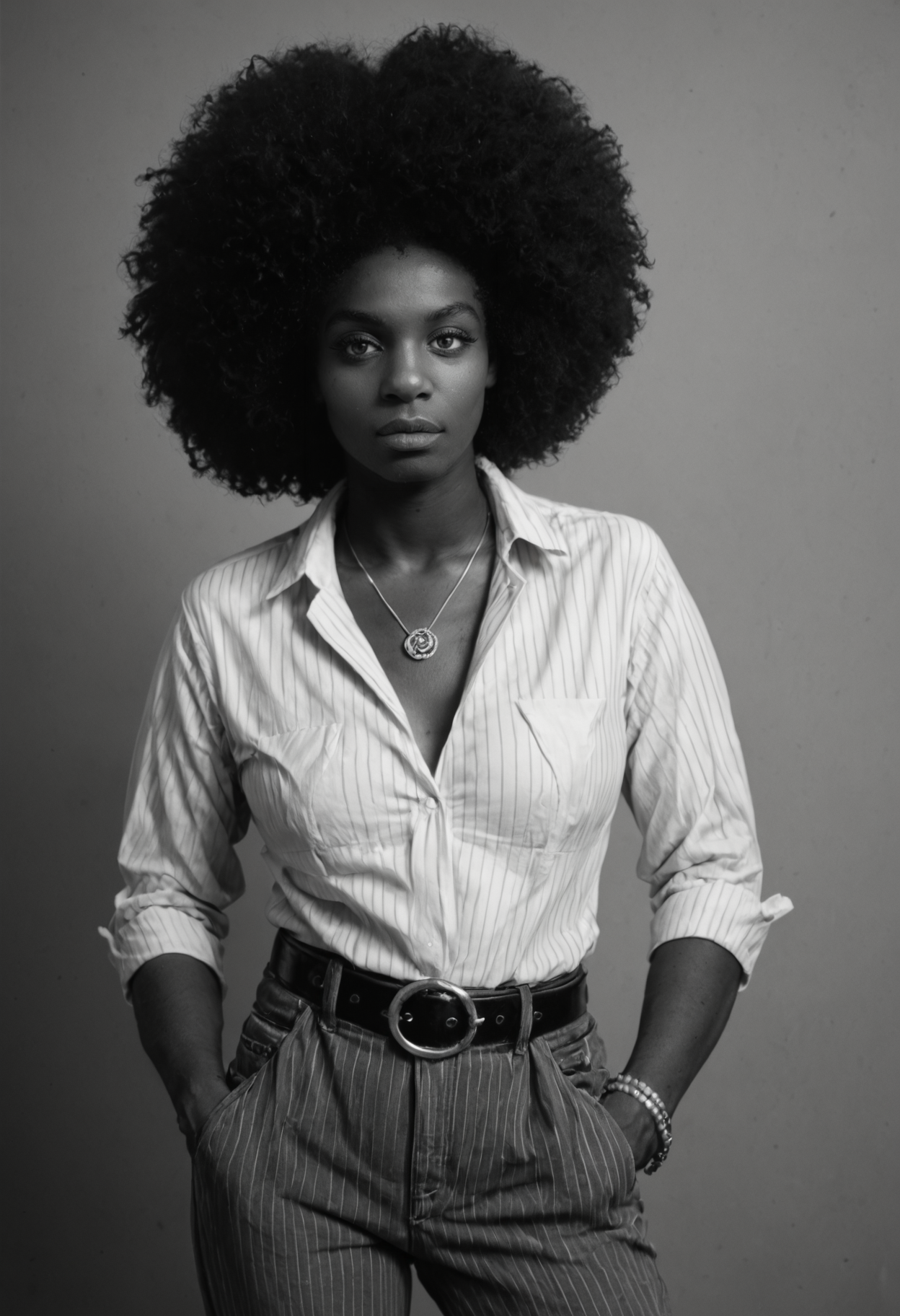 score_9, score_8_up, score_7_up, black and white photography, monochrome, greyscale, vintage, mature dark-skinned female, broad nose, round face, long eyelashes, shapely afro, relaxed confident expression, head tilt, <lora:robert_mapplethorpe_pdxl_v1-000010:1> wearing fitted  high collared white pinstripe shirt and belt and corduroy pants, posing with hand in pocket, contrapposto,, skin imperfection, bracelet, necklace, jewelry