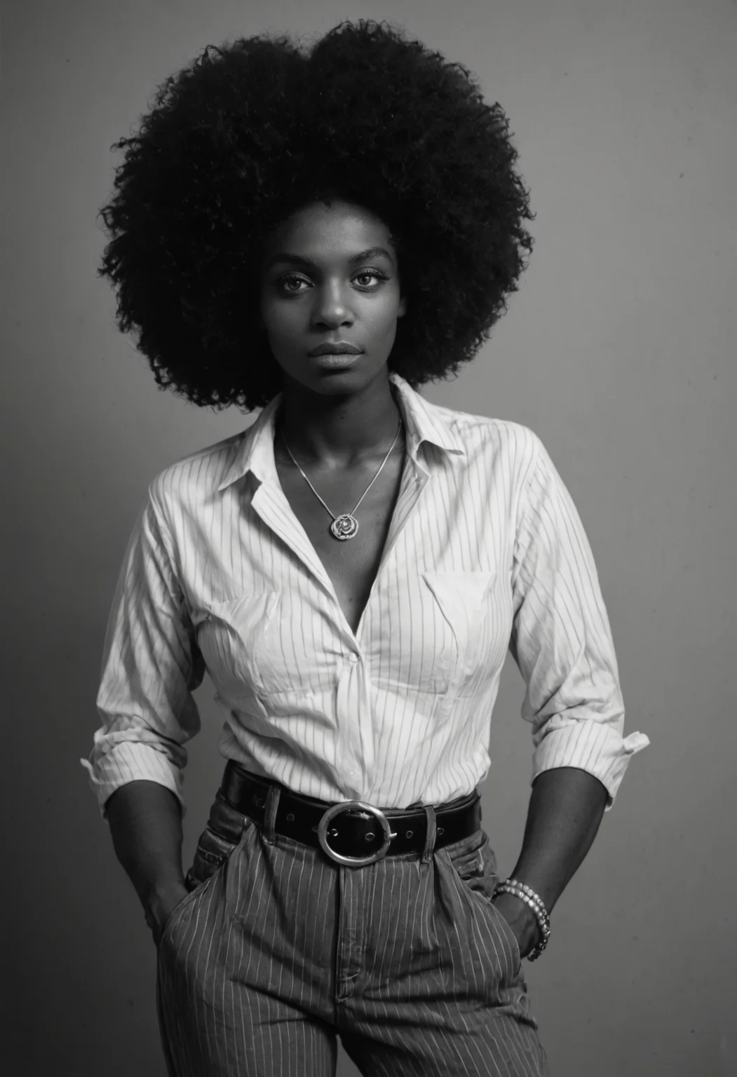 score_9, score_8_up, score_7_up, black and white photography, monochrome, greyscale, vintage, mature dark-skinned female, broad nose, round face, long eyelashes, shapely afro, relaxed confident expression, head tilt, <lora:robert_mapplethorpe_pdxl_v1-000010:1> wearing fitted high collared white pinstripe shirt and belt and corduroy pants, posing with hand in pocket, contrapposto,, skin imperfection, bracelet, necklace, jewelry