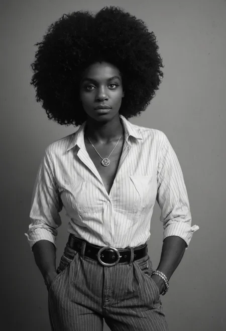 score_9, score_8_up, score_7_up, black and white photography, monochrome, greyscale, vintage, mature dark-skinned female, broad nose, round face, long eyelashes, shapely afro, relaxed confident expression, head tilt, <lora:robert_mapplethorpe_pdxl_v1-000010:1> wearing fitted high collared white pinstripe shirt and belt and corduroy pants, posing with hand in pocket, contrapposto,, skin imperfection, bracelet, necklace, jewelry