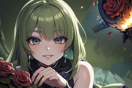 (masterpiece:1.4), 4K8K, (anime style), (high shutterspeed:1.4), (sharp edges),
SyFyEye1, FanFo,
1woman hands togather, leaning foward, face focus, smile, closed mouth,
wearing Celtic style dress, (Detailed face, Detailed eyes, Detailed lips), (solo),
olive hair, any colored roses, Fantastic, turf,