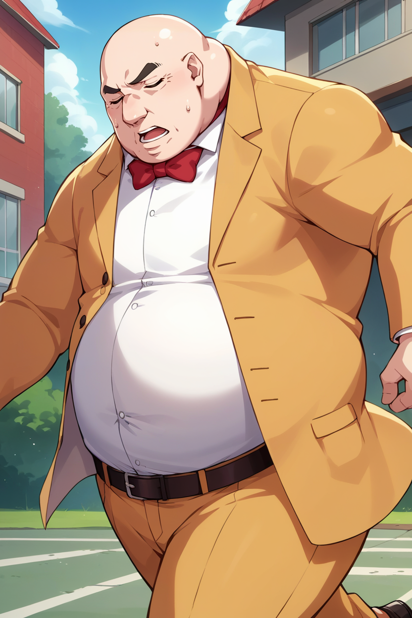 score_9, score_8_up, score_7_up, score_6_up, source_anime, BREAK male focus,  <lora:p5kobayakawa-pdxl-nvwls-v1-000005:1> p5principal, fat man, obese, bald, yellow jacket, formal, white shirt, red bow tie, belt, yellow pants, running, open mouth, sweat, tired, from side, closed eyes