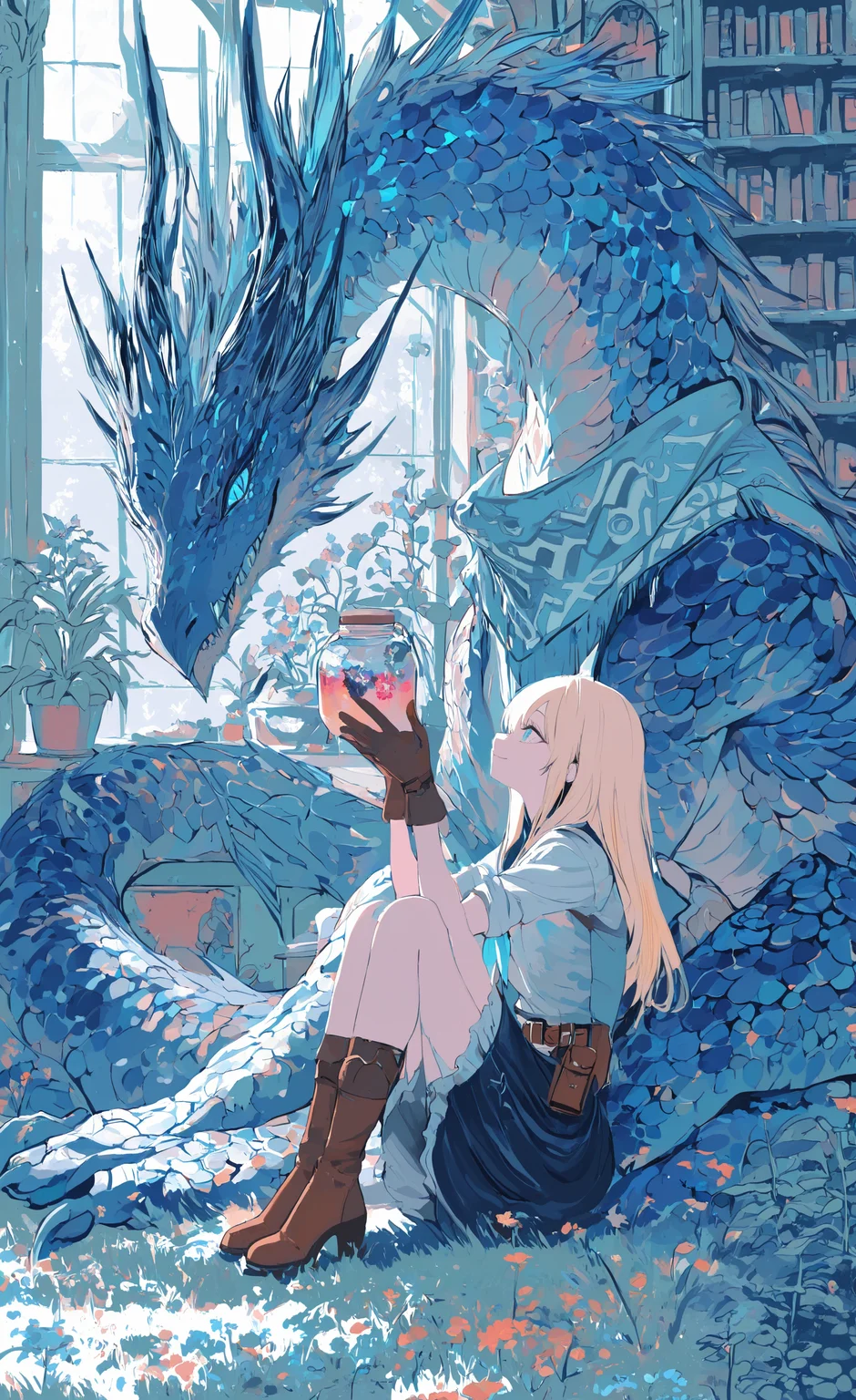 masterpiece, best quality, good quality, very awa, newest, highres, absurdres, 1girl, long hair, smile, blue eyes, blonde hair, gloves, holding, closed mouth, sitting, flower, short sleeves, sidelocks, frills, boots, teeth, day, indoors, looking at another, bag, scarf, from side, neckerchief, book, window, profile, animal, brown footwear, sunlight, grass, sharp teeth, plant, slit pupils, knees up, eye contact, sleeves rolled up, pouch, dragon, size difference, bookshelf, potted plant, scales, ankle boots, fantasy, belt pouch, jar, kerchief, limited palette, xxx667_illu,
15546+456868 <lora:illustriousXL_stabilizer_v1.23:0.3> <lora:NOOB_vp1_detailer_by_volnovik_v1:0.3> <lora:ponyv6_noobE11_2_adamW-000017:0.3> <lora:114558v4df2fsdf5:0.6> <lora:XXX667:0.4> <lora:mon_monmon2133:0.5>