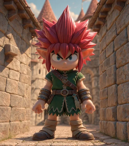 masterpiece, best quality, amazing quality, <lora:Ore_Tomba_v5:0.85> 1boy, solo, male focus, spiked hair, full body, red hair, looking at viewer, elf, masterpiece, best quality, amazing quality