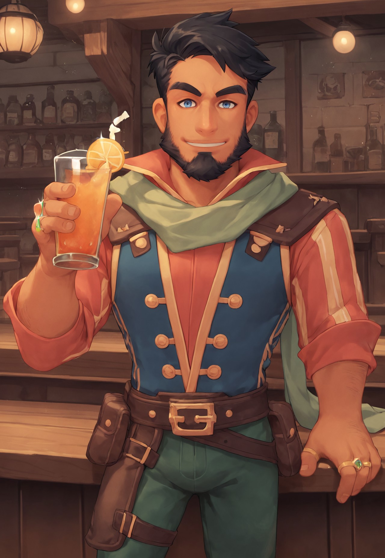 score_9, score_8_up, source_anime, cartoon, Owen, shirt, vest, black hair, blue eyes, scarf, beard, facial hair, looking at viewer, ring, pouch, green pants, smile, cowboy shot, bar, (leaning on bar, dynamic pose), hairy, front view, window, (holding a drink, cheers),
