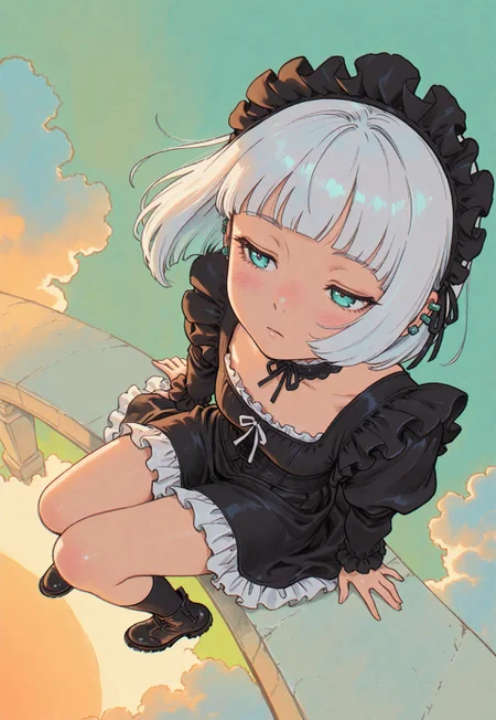masterpiece, ultra-HD, cinematic lighting, photorealistic, impressionism, high detail,  dramatic lighting, best quality, very aesthetic, 8k, fisheye lens,
simple pastel gradient green background, thick clouds, half close-up, from above,
multicolored white hair, bobcut hair, blunt bangs,
blushing, asian girl, [[small head]], pretty girl, korean girl, choker, ear pierces,
emotionless, slim body, frat chest,
dynamic angle, dynamic pose, portrait, girl,
victorian black maid dress, frilled skirt, black socks,  in a garden, decorative victorian gossamer clothes, dazed, white short boots,
half closed eyes, looking away, sitting, thick legs,
sunset, pastel cyan eyes, Flatline, Flat vector illustration, haiz_ai, chromatic aberration, 
rakugakingu,