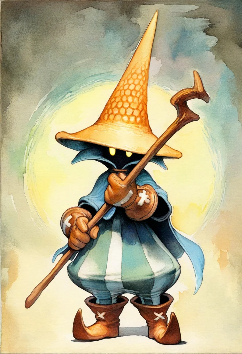 masterpiece, best quality, solo, 1boy, looking at viewer, <lora:Ziggy-illus_Fp:1>, ziggy, yellow eyes, shaded face, faceless, no mouth, wizard hat, striped pants, cloak, robe, gloves, puffy pants, boots, watercolor \(medium\), staff,