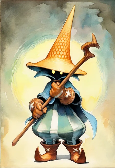 masterpiece, best quality, solo, 1boy, looking at viewer, <lora:Ziggy-illus_Fp:1>, ziggy, yellow eyes, shaded face, faceless, no mouth, wizard hat, striped pants, cloak, robe, gloves, puffy pants, boots, watercolor \(medium\), staff,