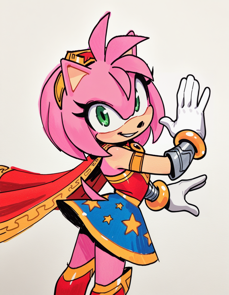 1girl, solo, no humans, petite, standing, arms flung wide, dancing pose, exuberant smile, carefree spirit,
<lora:WonderAmy_v1:0.9> wonderamy, alternate costume, amy rose, gold trim, red cape, white gloves, bracer, gold hairband, blue skirt, sleeveless, breastplate, armored boots, red boots, star \(symbol\), star print, bare shoulders, armlet, miniskirt, gold brooch, brooch, red shirt, gold bracelet, tail through clothes,
 traditional media, sketch, hatching \(texture\), watercolor \(medium\), <lora:knuxze:1> knuxze, extremely detailed, highres, masterpiece, best quality