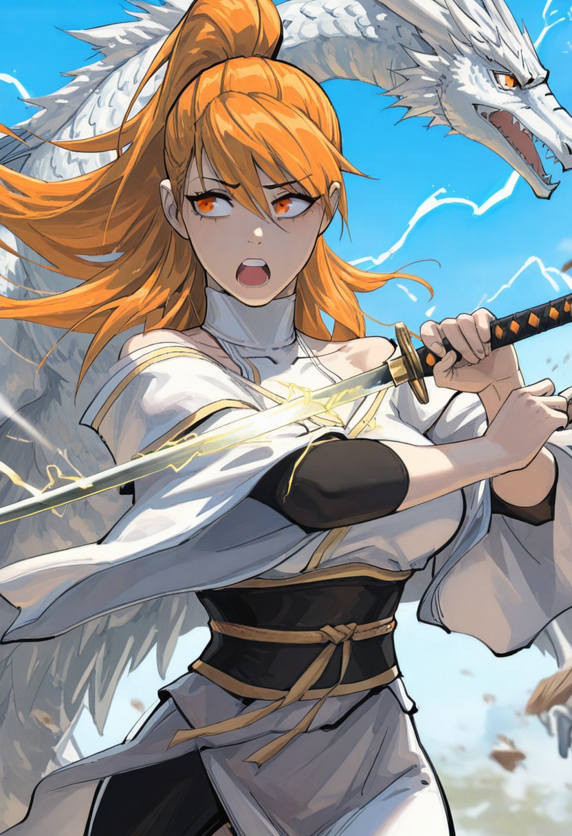 klskx ,  
masterpiece, best quality, amazing quality,
xiaoninger, 1girl, ponytail, long hair, orange hair, bangs, orange eyes, bare shoulder, breasts, collarbone, hair between eyes, white dress, kimono, sash, two tones dress, turtleneck, 
1girl, blurry, blurry background, animal, blue sky, dancing, day, depth of field, dual wielding, winged dragon, floating hair, winged dragon, lightning katana, hand lightning katana, holding, holding katana, lightningkinesis, outstretched arm, oversized animal, school of winged dragon, sideways glance, sky, solo, upper body, wind lightning, wide sleeves, wind, perfect eyes, looking away, yelling,