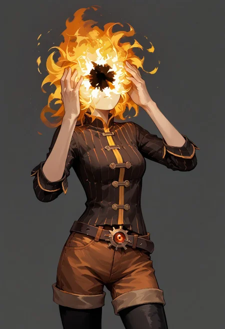 score_9, score_8_up, score_7_up,
lord_of_frenzy, fire head,
novakin, faceless, no eyes, no mouth, no nose, no facial features, short fiery yellow orange hair, body made of black plasma,
open hands, hands on face front,
hands on own head,
shaft look, looking back, from behind, head tilt,
magical girl outfit, steampunk dress, boots, (brown shorts:1.1), black tights, medium breasts, belt,
simple background, grey background,