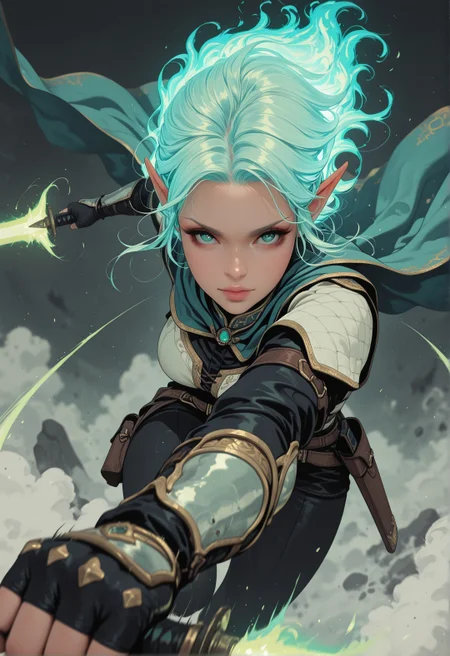 <lora:ck-nc-cyberpunk-IL-000011:0.2>, masterpiece, best quality, good quality, very aesthetic, absurdres, newest, 8K, depth of field, focused subject,
action shot, airborne, flying, holding energy sword, dual wielding, action pose, elf female, aqua eyes, looking at viewer, glowing hair, spinning, graceful, realistic, steam, motion lines,
whimsical, aura, motion lines, dynamic, action shot, wide pov shot, fighting,
in the style of cknc,
<lora:MoriiMee_Gothic_Niji_Style_Illustrious_r1:0.45>
<lora:ck-shadow-circuit-IL:0.88>