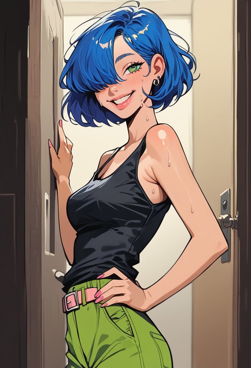 score_9, score_8_up, score_7_up, score_6_up, rating_explicit, realistic, solo focus, a woman, perfect cute face, natural breasts, looking at viewer,
nat, thick lips,  1girl, solo, breasts, ,upper view , , solo, add detailed eyes,portrait of a (  m4rie k4nker, blue hair, hair over one eye, eyeshadow, black tank top, pink belt, green pants, black shoes, smile, one hand on hip, looking at viewer, indoors, ), hip vent,, sweat, parted lip, view from side, eye level, cowboy shot, soft breasts, Fixhand.sinozick style