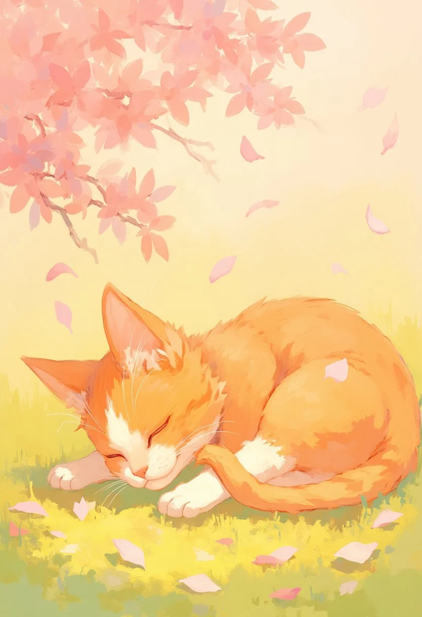 an orange tabby cat, sleeping in the grass, cherry blossom petals falling,soft pastel anime
