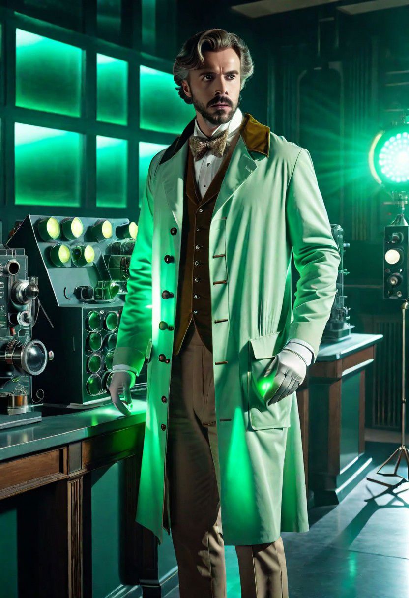 Retro futuristic Male Scientist wearing a pale green lab coat with light walnut pants and vest, in a gothic classic cinema Laboratory