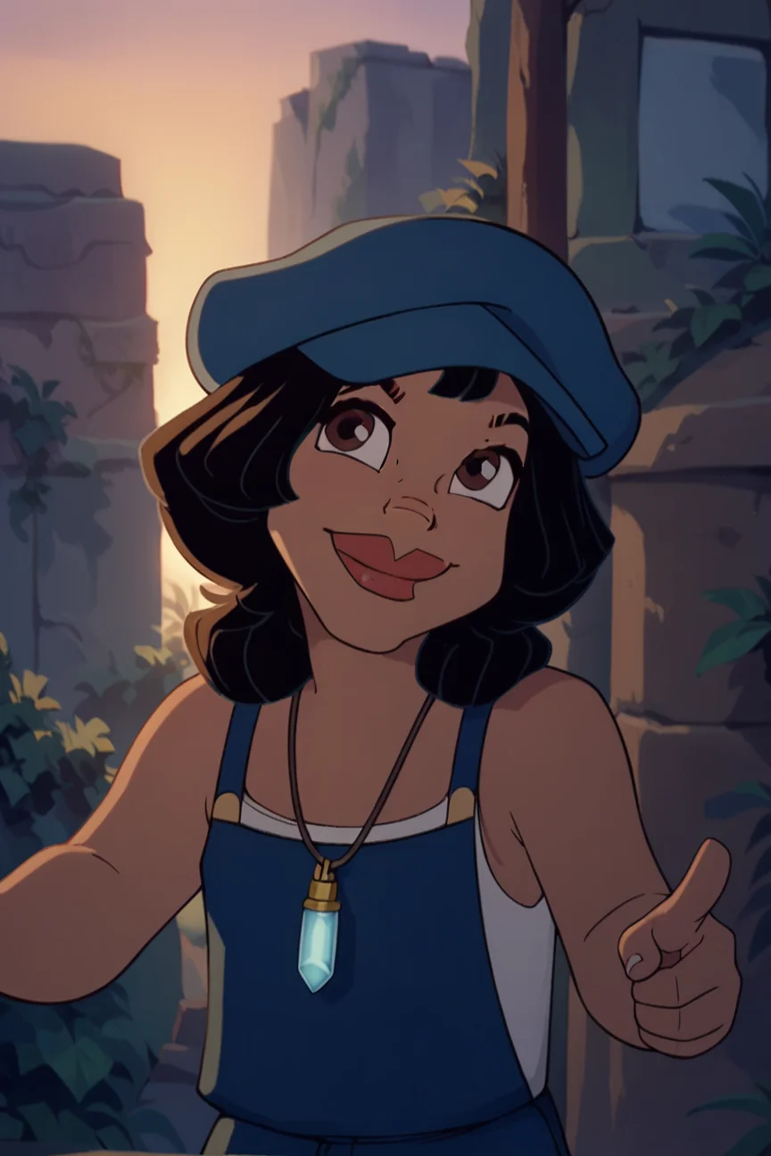 score_9, score_8_up, score_7_up, <lora:ATlantis:0.9>,score_9, score_8_up, score_7_up, audrey ramirez, brown eyes, dark skin, black hair,blue headwear, tank top, overalls,  jewelry, necklace, closed mouth, smile,silly, standing, pointing,  outdoors, solo, best quality, high quality,2d, cartoon