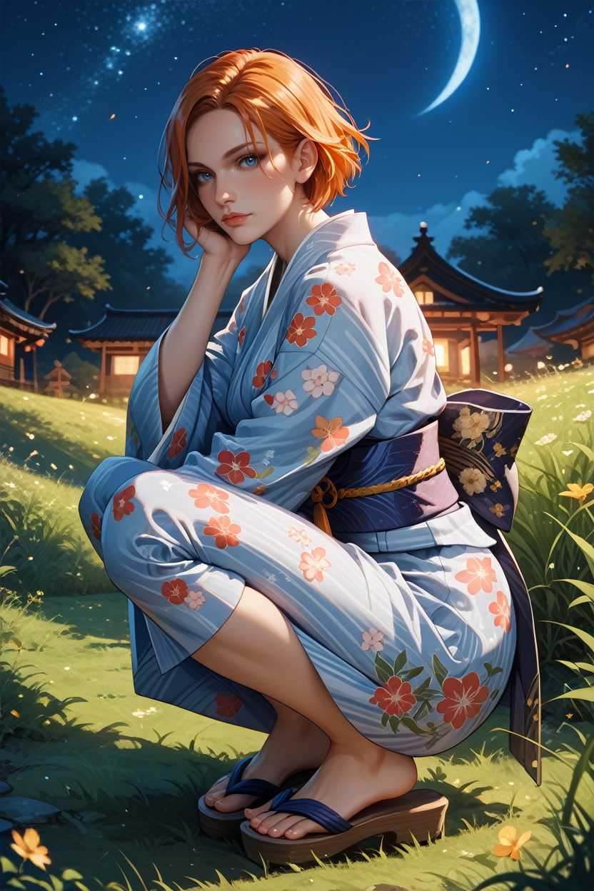 score_9, score_8_up, score_7_up,
<lora:DALeliana:0.8>
DALeliana, 1girl, orange hair, blue eyes, looking at viewer, night, grass, squatting, yukata, japanese clothes, floral print, obi, from side, looking at viewer, sandals, star \(sky\)
