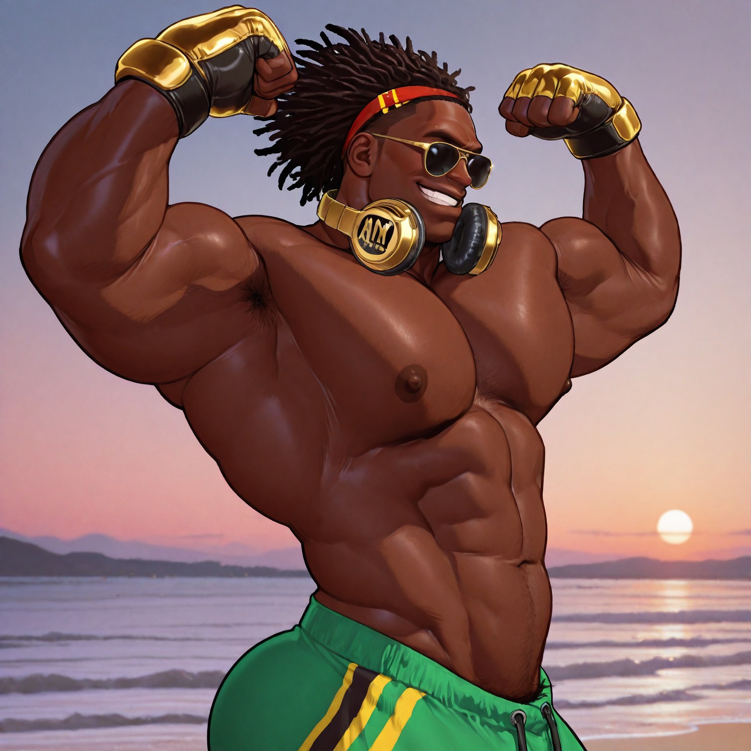 masterpiece, best quality, absurdres, newest, perfect quality, best quality, absolutely eye-catching, detailed background, intricate details, bara, 1boy, male, male focus, solo, mature, brown skin, dark-skinned, dark brown hair, dark brown hair, dreads, dreadlocks, short hair, forehead, red bandana, sunglasses, golden chains, golden headphones, headphones around neck, Hawaiian shirt, black-red-yellow shirt, unbuttoned shirt, short sleeves, black gloves, fingerless gloves, golden gloves, green sweatpants, bara, muscular, large pectorals, large biceps, looking at viewer, upper body, cowboy shot, looking at viewer, side view, smirk, flexing, flexing arms, beach scenery, very awa, best quality, absurdres, newest, perfect quality, detailed background, intricate details, (artist:rokudenashi:0.8), (artist:dizdoodz:0.7), (artist:gomtang:0.6)