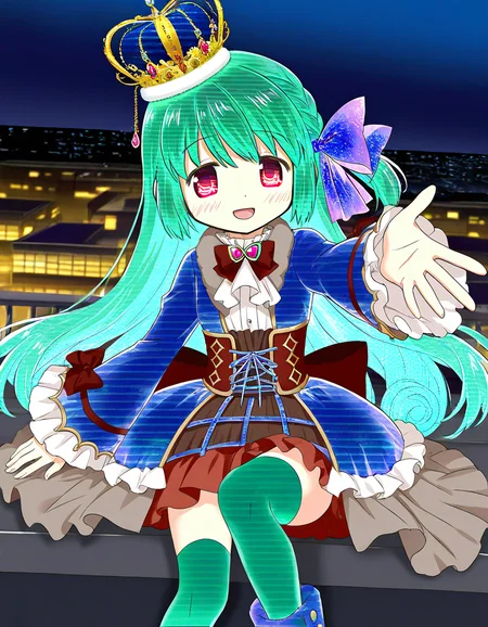 masterpiece, best quality, newest, absurdres, highres, safe, 1girl, satomi touka, magia record: mahou shoujo madoka magica gaiden, alternate color, alternate hair color, alternate eyes, alternate costume color, alternate thighhighs color, blue costume, green hair, green thighhighs, arched crown, smile, open mouth, solo, beckoning, rooftop, night, dutch angle, <lora:satomi_touka_noobaiXLNAIXL_vPred10Version:0.7>