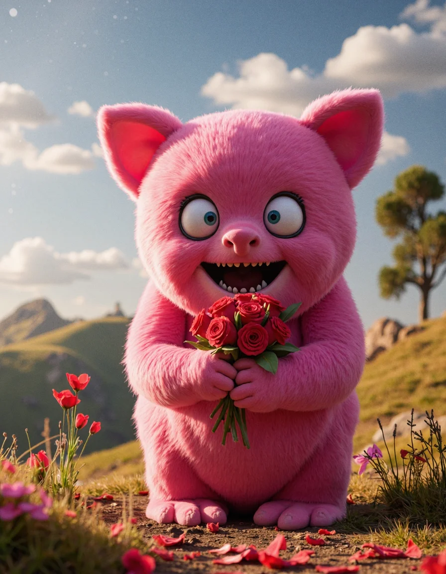 A cute, yet terrifying Valentine's Day monster with bright pink fur and large, expressive eyes, holding a bouquet of roses, set in a fantastical landscape, rendered in hyperrealistic detail, 64K resolution, and professional photography style
