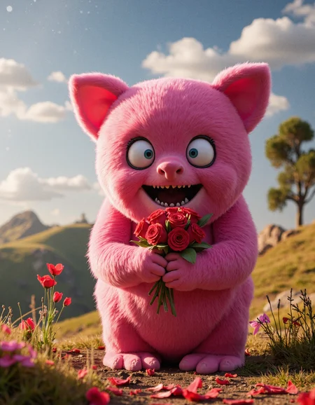 A cute, yet terrifying Valentine's Day monster with bright pink fur and large, expressive eyes, holding a bouquet of roses, set in a fantastical landscape, rendered in hyperrealistic detail, 64K resolution, and professional photography style