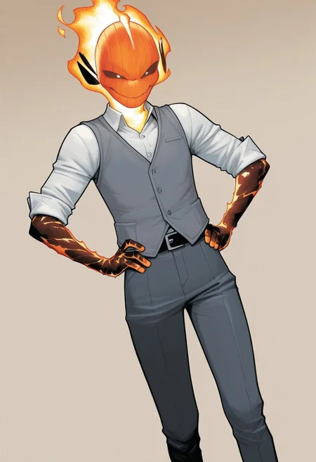 masterpiece, absurdres, high quality, perfect anatomy, 1boy, solo, cute boy, male focus, doyle, Orange Fire, Black Scelera, colored scelera, white shirt, grey vest, belt, sleeves rolled up, smug smile, hands on hips, cinematic, intricately detailed illustration, depth of field, masterpiece, best quality, amazing quality, very aesthetic, absurdres, newest, very awa,  shadow, dynamic angle, casual cosplay, dynamic pose, simple background,