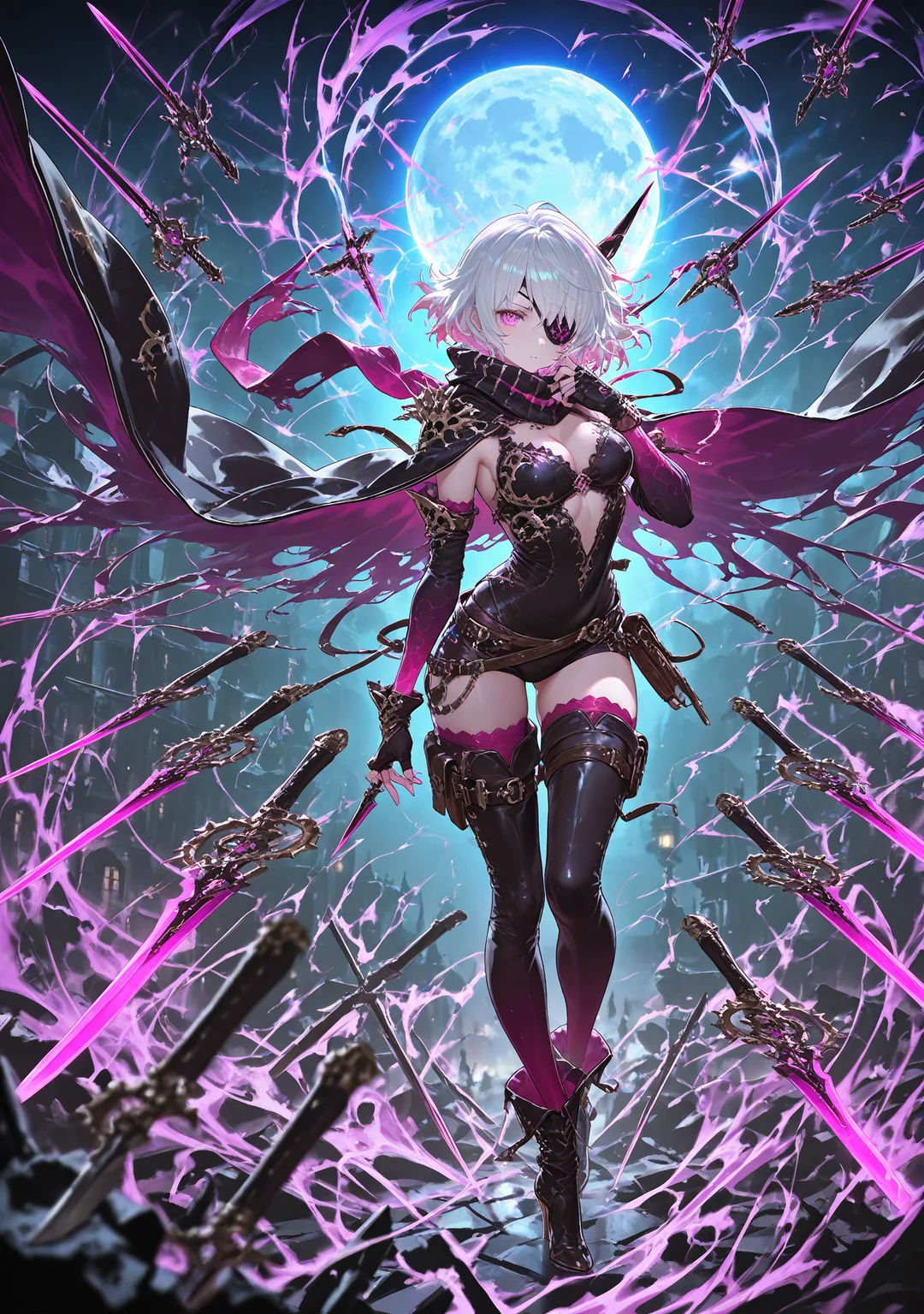 (EyesHD:1.2),masterpiece,best quality,ultra-detailed,very aesthetic,sharp focus,depth of field,vibrant colors,ray tracing,best lighting,detailed illustration,detailed background,cinematic,beautiful face,beautiful eyes,
<lora:svstyle3:1>,
svstyle,1girl,eyepatch,solo,breasts,moon,short hair,thighhighs,gloves,medium breasts,knife,cleavage,scarf,fingerless gloves,boots,high heels,white hair,cape,full moon,night,looking at viewer,glowing weapon,aura,enchanted weapon,dark enchanted weapon,floating weapons,floating weapon,