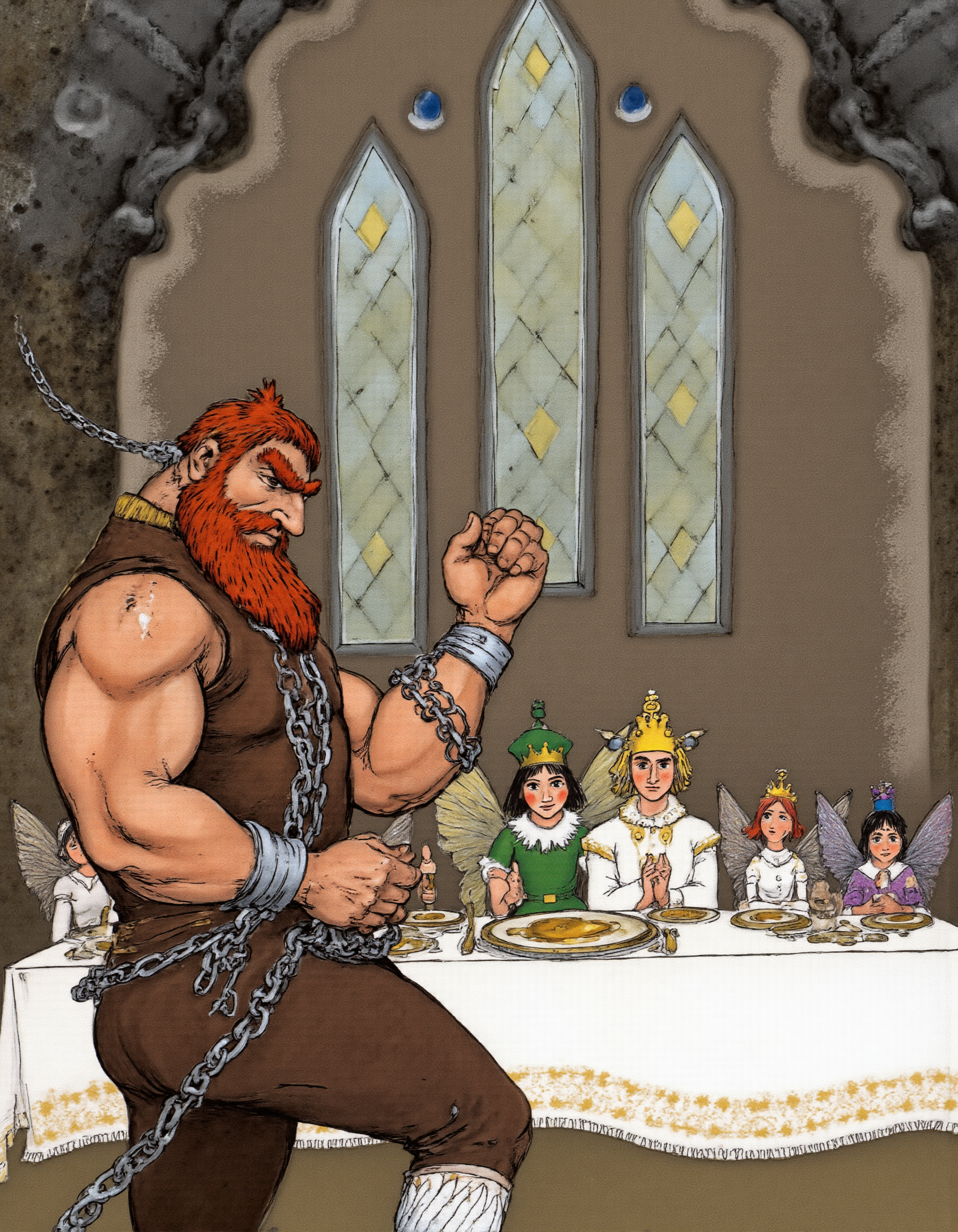 <lora:lv:1>, This image is a digitally drawn illustration in a cartoon style, reminiscent of medieval or fantasy themes. The central figure is a muscular, bearded man with red hair, wearing a brown tunic and brown trousers with white knee-high socks. He is shackled by heavy chains around his wrists and ankles, indicating he is a prisoner. His expression is stern and determined.
In the background, there is a grand hall with a high ceiling adorned with ornate, dark gray stone arches. The walls are decorated with large, arched windows with diamond-shaped panes, allowing light to filter through. The windows are positioned above a long table, which is draped with a white cloth and adorned with silverware and golden plates, indicating a formal dining setting. 
Seated around the table are four fairies, each with a distinct appearance. One fairy is wearing a white dress with a yellow crown, another has a green dress with a pink crown, and the third has a blue dress with a purple crown. The fourth fairy is dressed in white and has a blue crown. Their expressions range from curious to concerned.
The overall color palette is warm, with earth tones and muted blues and greens, creating a medieval, magical atmosphere. The illustration captures a moment of tension and defiance, with the