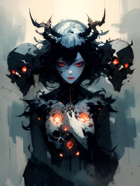(absurdres, highres), (raw photo), (sketch:1.3), watercolor, extremely detailed, best quality, high quality, Break, soft lighting, soft shading, caustics, monochrome, Break, (1girl), messy hair, short hair, Break, dimly lit, standing, thousand faces, Break, glowing red eyes, smoke, fog, mist, (wall of faces:1.3), many demons, skulls, red lipstick, sparks, embers, (gem imbedded in chest),