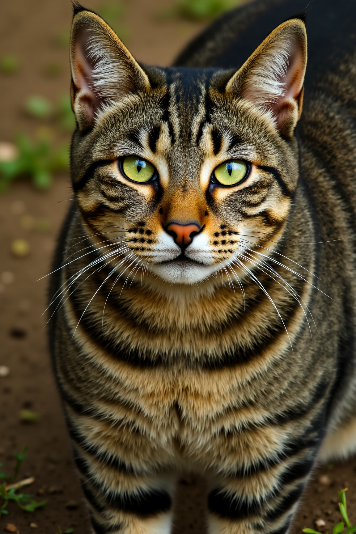 , sharp photo of a close-up of a cat's face. The cat appears to be a tabby, with dark brown and black stripes on its body. Its eyes are a bright green color, and it is looking directly at the camera with a serious expression. The background is blurred, but it seems to be an outdoor setting with grass and dirt visible. The focus of the image is on the cat's nose and upper body, and its whiskers are visible on the right side of its face.