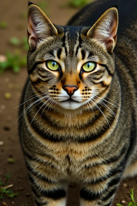 , sharp photo of a close-up of a cat's face. The cat appears to be a tabby, with dark brown and black stripes on its body. Its eyes are a bright green color, and it is looking directly at the camera with a serious expression. The background is blurred, but it seems to be an outdoor setting with grass and dirt visible. The focus of the image is on the cat's nose and upper body, and its whiskers are visible on the right side of its face.