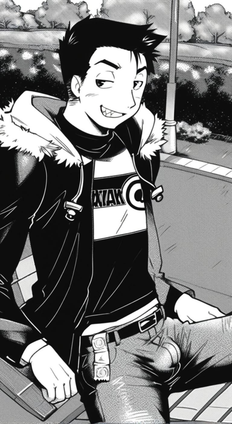 score_9, score_8_up, score_7_up, anime_source, official artstyle, anime screencap, highly detailed, 1boy, perfect composition, good shading, male focus, 1boy, solo, outdoors, park, jacket, fur trim, sitting on bench, smug grin, box of condoms in hands, penis visible through pants, bulge, erection, akishima boy, black hair, short hair, monochrome