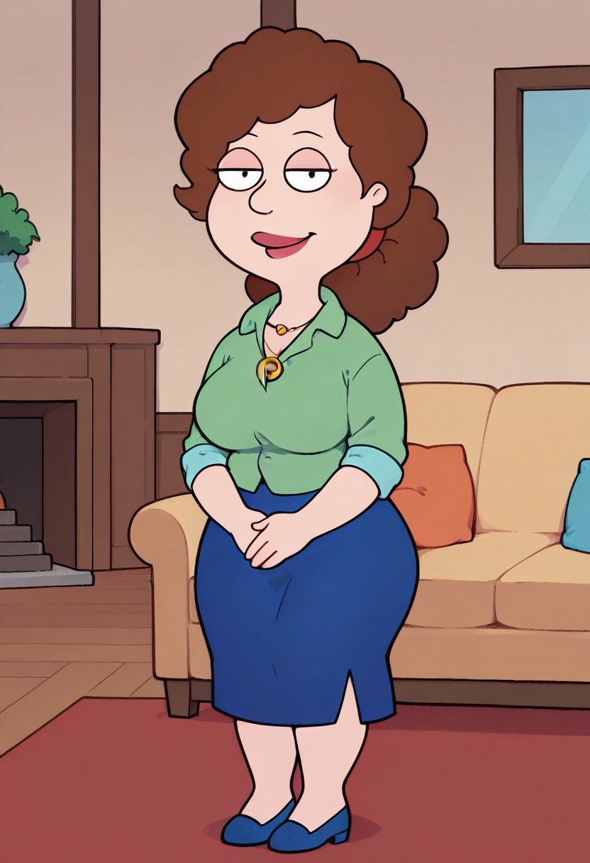 score_9, score_8_up, score_7_up, score_6_up, high quality, rounded eyes, style parody, cartoon style, 1girl, solo, living room, couch, indoors,
BREAK
unnamed girl, brown hair, black eyes, (mature female:1.5), (plump:1.2), large breasts, gigantic ass, gigantic hips, green sweater, rolled up sleeves, blue skirt, navy blue shoes, own hand together, smile, looking at viewer, long skirt, half-closed eyes, necklace,