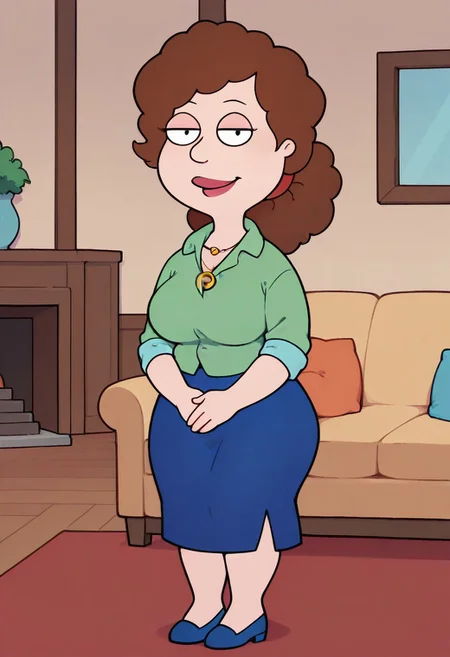 score_9, score_8_up, score_7_up, score_6_up, high quality, rounded eyes, style parody, cartoon style, 1girl, solo, living room, couch, indoors,
BREAK
unnamed girl, brown hair, black eyes, (mature female:1.5), (plump:1.2), large breasts, gigantic ass, gigantic hips, green sweater, rolled up sleeves, blue skirt, navy blue shoes, own hand together, smile, looking at viewer, long skirt, half-closed eyes, necklace,