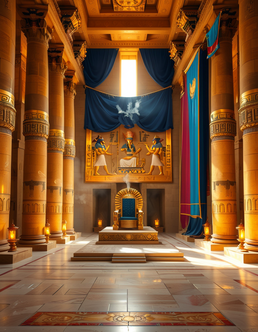 A grand and majestic ancient Egyptian throne room, illuminated by the warm glow of oil lamps and torches mounted on the intricately carved sandstone walls. The room is vast, with towering columns adorned with gold-inlaid hieroglyphs and bas-reliefs depicting gods such as Ra, Osiris, and Anubis, as well as scenes of royal ceremonies and offerings. The walls are covered with colorful frescoes, painted in deep shades of blue, red, and gold, telling the stories of ancient pharaohs and their divine rule.
At the center of the hall, an ornate golden throne rests atop a raised stone platform, accessible by a few steps. The throne is adorned with intricate carvings of winged sun disks, sacred cobras, and falcon motifs, symbolizing power and divine protection. The seat and backrest are encrusted with lapis lazuli, turquoise, and carnelian, creating a striking contrast against the polished gold. Two large stone statues of sphinxes flank the throne, their watchful eyes seeming to guard the empty seat of power.
The polished limestone floor reflects the flickering golden light of the torches, creating an almost mystical atmosphere. Large braziers shaped like lotus flowers release thin trails of fragrant incense smoke, adding to the sacred and mysterious ambiance of the room.
In the background, massive stone doors, partially open, reveal a glimpse of an open courtyard with palm trees and a distant view of the Nile River under a twilight sky. Through the high ceilings, small openings allow beams of moonlight to filter in, casting soft silver highlights across the chamber, blending with the warm tones of the torchlight.
The atmosphere is one of silence, mystery, and timeless majesty, as if the room has been left untouched for centuries, awaiting the return of a forgotten ruler.
<lora:SDXLFaeTastic2400:0.4> <lora:extremely_detailed:0.4> extremely detailed, <lora:ancient_Egyptian_thr0n3_r00m:1>,ancient Egyptian thr0n3 r00m, Masterpiece,best quality,hi res,8k,hi res,8k,award winning,(sharp focus, intricate, highly detailed),