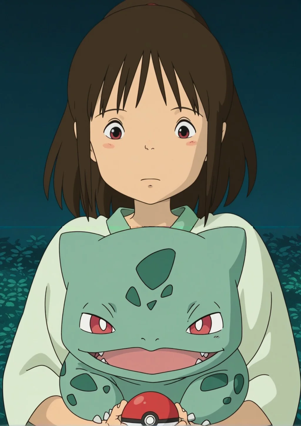 <lora:Chihiro_Ogino_Illustrious:1>,chihiro ogino,ghibli_style,anime screencap,anime coloring,holding pokeball,(bulbasaur:1.2),