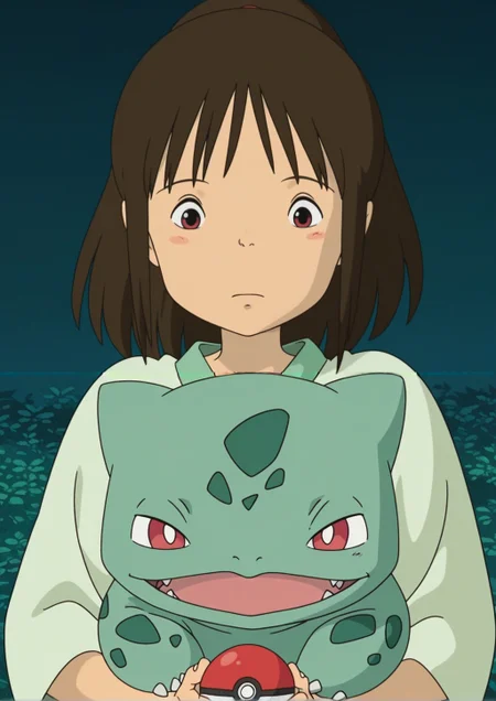 <lora:Chihiro_Ogino_Illustrious:1>,chihiro ogino,ghibli_style,anime screencap,anime coloring,holding pokeball,(bulbasaur:1.2),