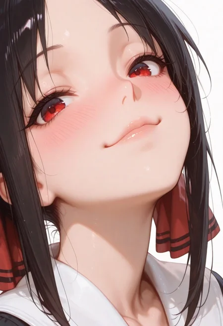 artist:Konya Karasue, masterpiece,amazing quality, 1girl, 1girl, shinomiya kaguya, school uniform, season connection, short hair with long locks, shuuchiin academy school uniform, sidelocks, looking at viewer, head tilted, cute face, face focus, portrait, blushing, lovely, startled, smile,
artist:moriimee,