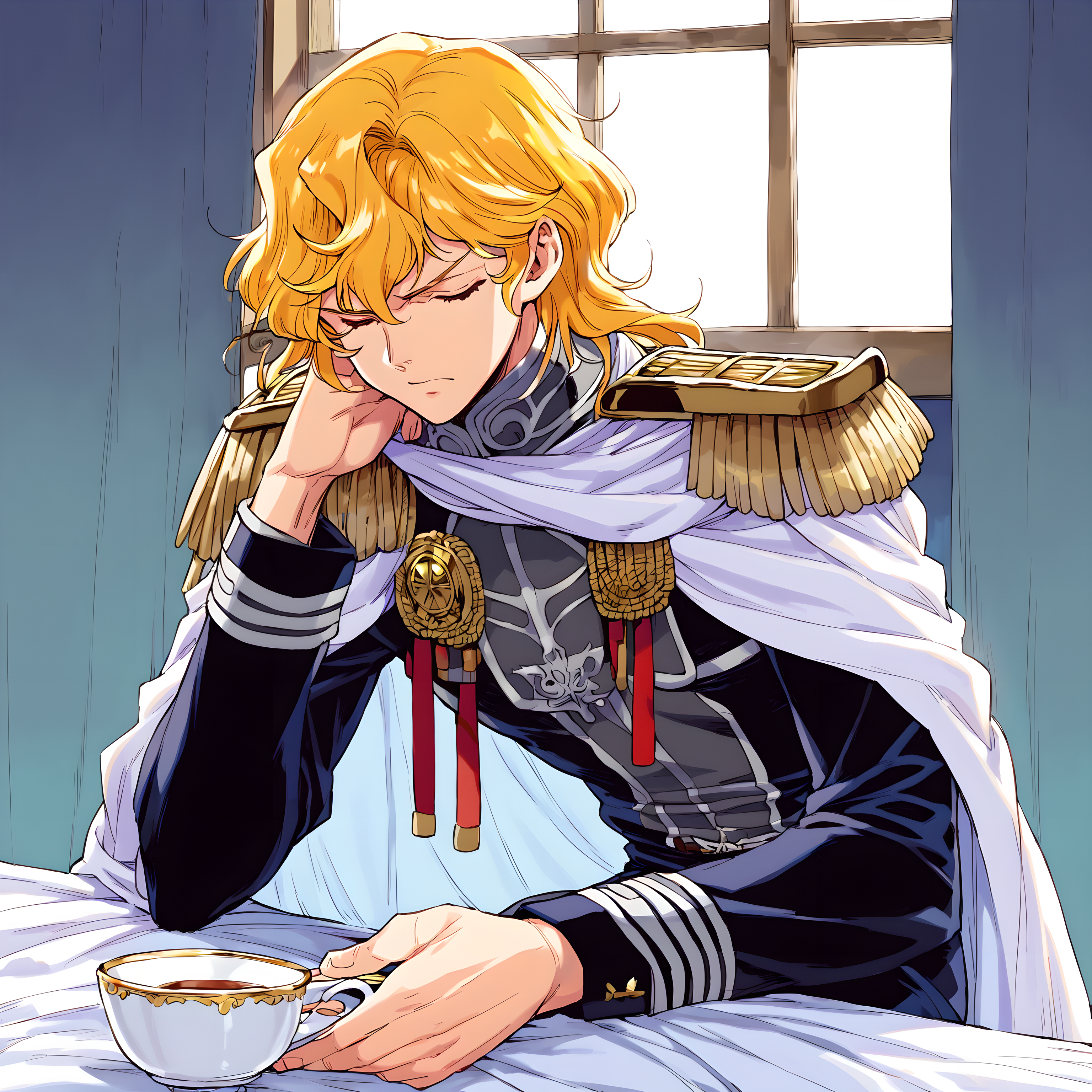 <lora:pony_xl_Reinhard:0.8>,Reinhard,score_9,score_8_up,male,1boy,solo,long hair,male focus,star \(sky\),uniform,white cape,epaulettes,military,military uniform,military clothing trousers,sitting,closed eyes,cup,window,parody,teacup,we cross our legs,