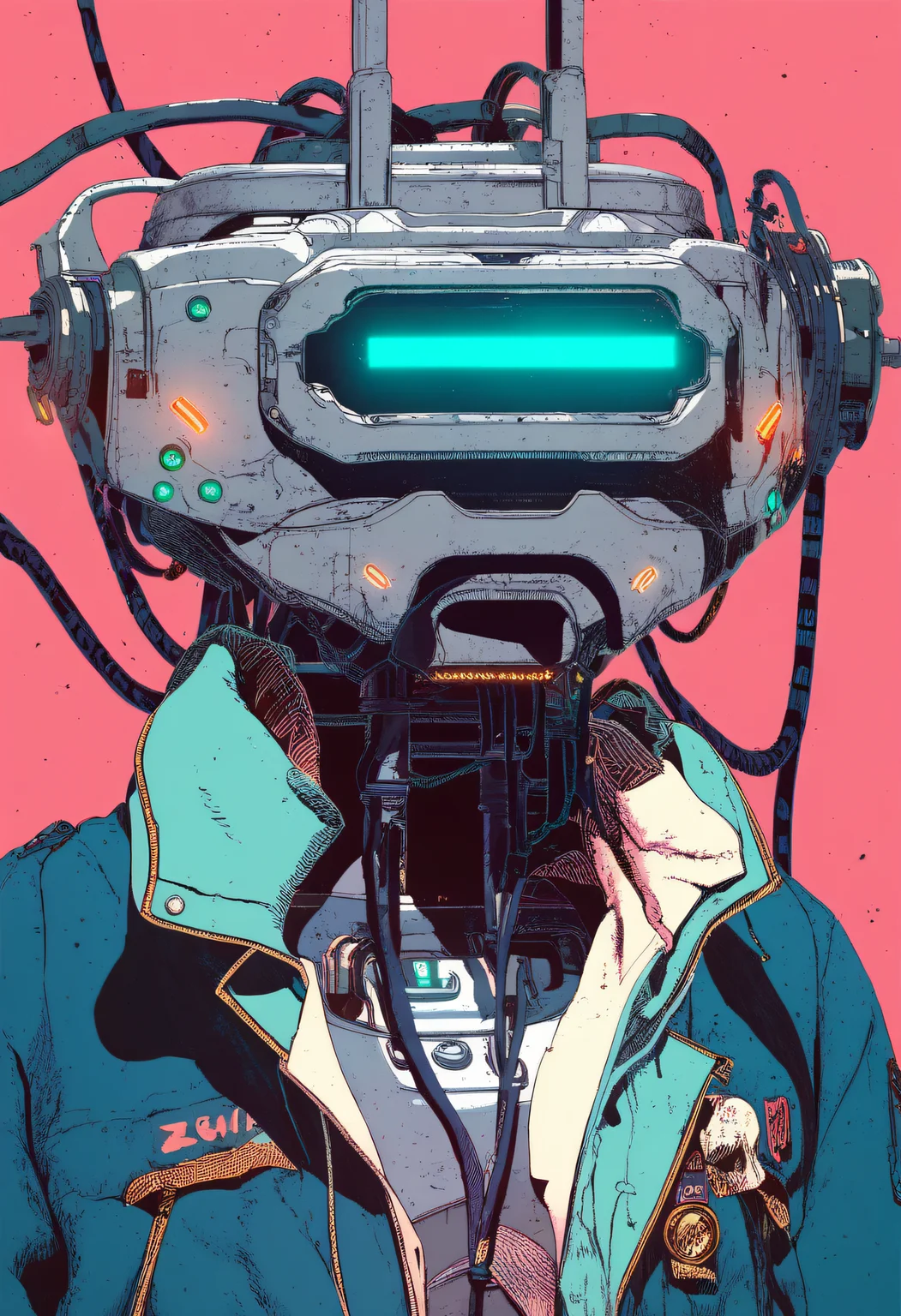 score_9, score_8_up, score_7_up, score_6_up, zy_moore, solo, 1boy, jacket, upper body, male focus, no humans, glowing, pink background, robot, blue jacket, mecha, science fiction, cable, wire, humanoid robot, radio antenna, <lora:zy_moore_v1:1>
