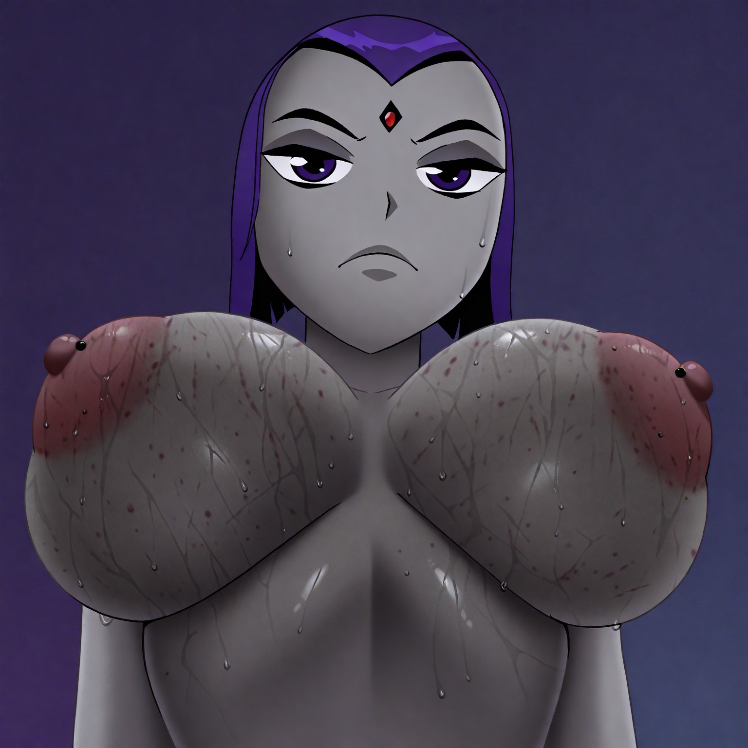 safe_pos, masterpiece, best quality, amazing quality, very aesthetic, high resolution, 
BREAK  ravenDP, Raven, 1girl, money, nipples, breasts, grey skin, solo, forehead jewel, purple eyes, sweat, purple hair, colored skin, from below, big breasts, bite marks, bite marks on breasts, looking at viewer, prostitution, blue background, holding money, simple background, frown, upper body