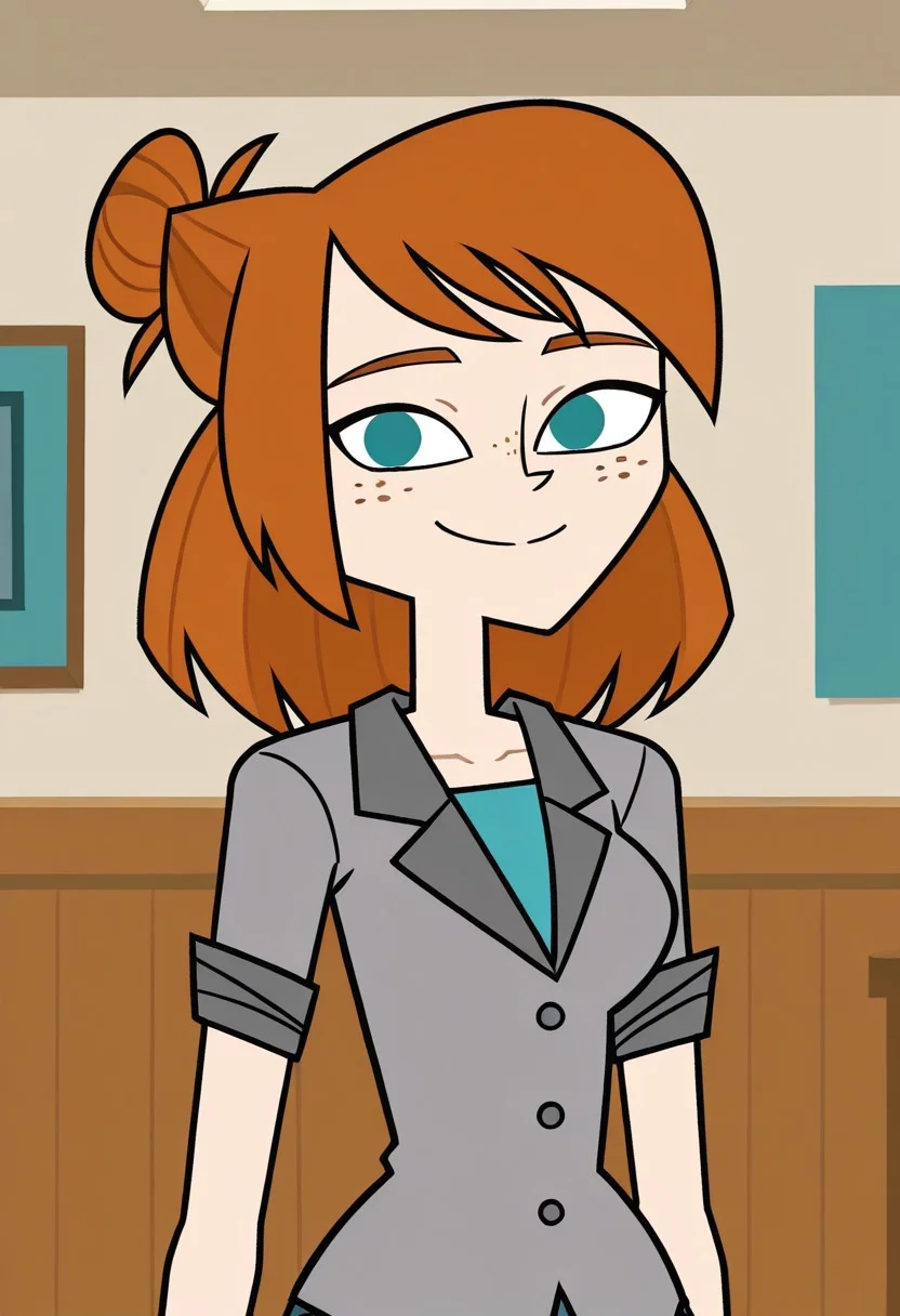 score_9,score_8_up,score_7_up, 1girl, solo, Ellie_DC_IL, pale skin, teal eyes, freckles, orange hair, shoulder-length hair, hair bun, grey jacket rolled up sleeves, turquoise undershirt, looking at viewer, indoors, room background, (portrait) smile, standing, no pupils