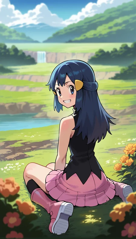score_9,score_8_up,score_7_up,
highres,highly detailed,
<lora:hikaridawn:0.8>,
hikaridawn,
1girl,solo,navy blue hair,long hair,dark blue eyes,
looking at viewer,grin
yellow hair clips,black vest,pink miniskirt,white blouse underneath,black kneehighs,pink boots,
full body,sitting,back view,
blurry background,vignetting,outdoors,spring,light particles,landscape,greenlands,flower,