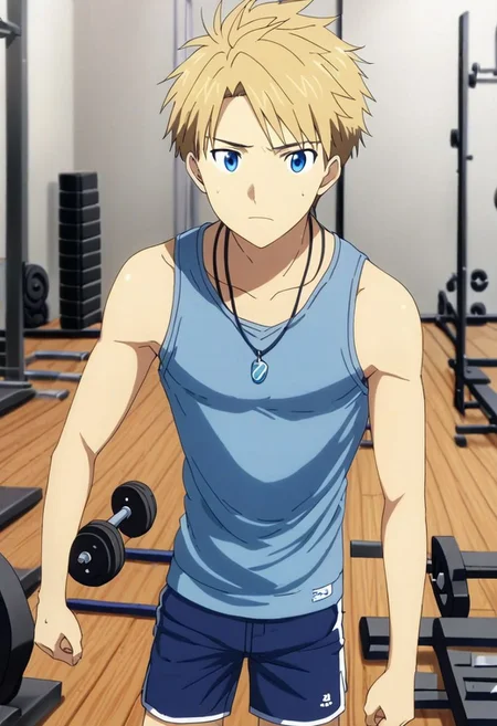 high resolution, solo, best quality, 1Boy, Yamato Ishida, Blond Hair, Blue Eyes, Necklace, Gym Boy, tank top, shorts, exercise, sixpack, gym, OverallDetail